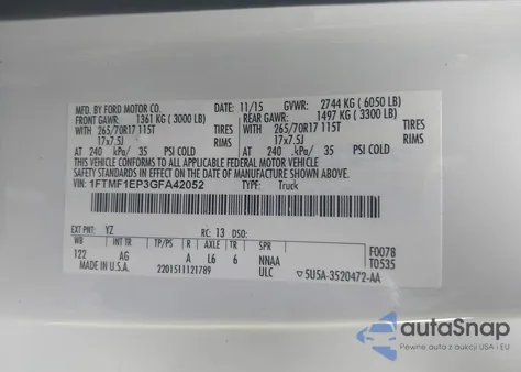 2016 Ford F-150 Xl from USA, damaged, VIN 1FTMF1EP3GFA42052